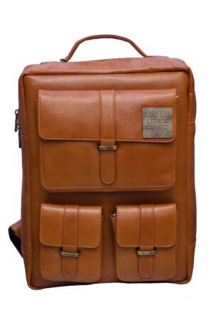 398A9683 "100% Genuine Leather Backpack in rich brown color with multiple compartments, including two front pockets and a spacious main compartment, designed for durability and style, perfect for students and professionals.