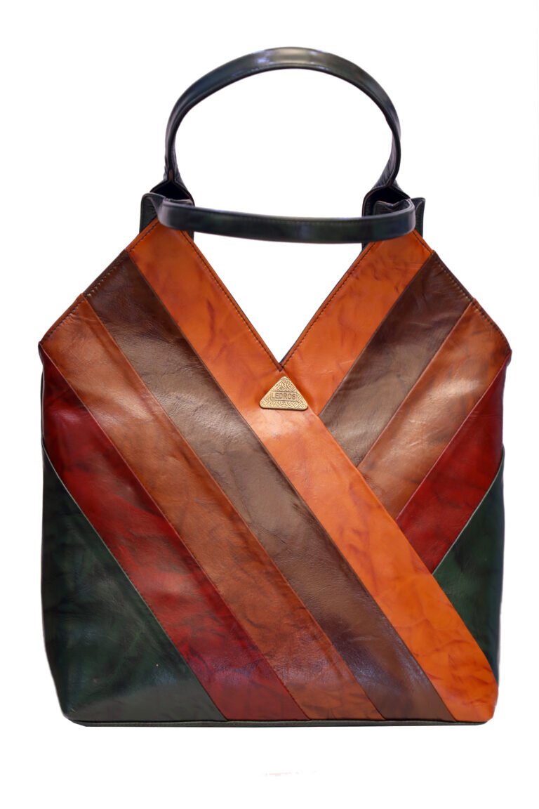 Artisan leather tote bag with a unique geometric design featuring diagonal stripes in deep green, warm orange, and rich burgundy. This stylish handbag includes a sturdy black handle and a gold triangular emblem, perfect for eco-conscious fashion lovers seeking a statement accessory.